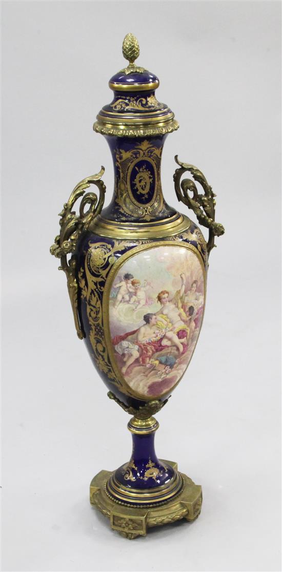 A large Sevres style and gilt metal mounted vase and cover, 95.5cm.